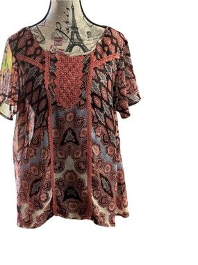 Knox Rose Coral and Black Crochet-Trim Boho Tunic